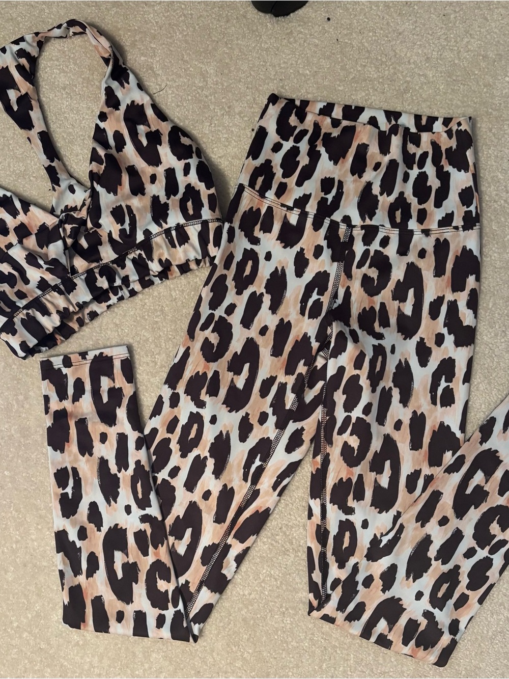 Beach Riot Leopard Print Leggings & Sports Bra - Tan, Black, White